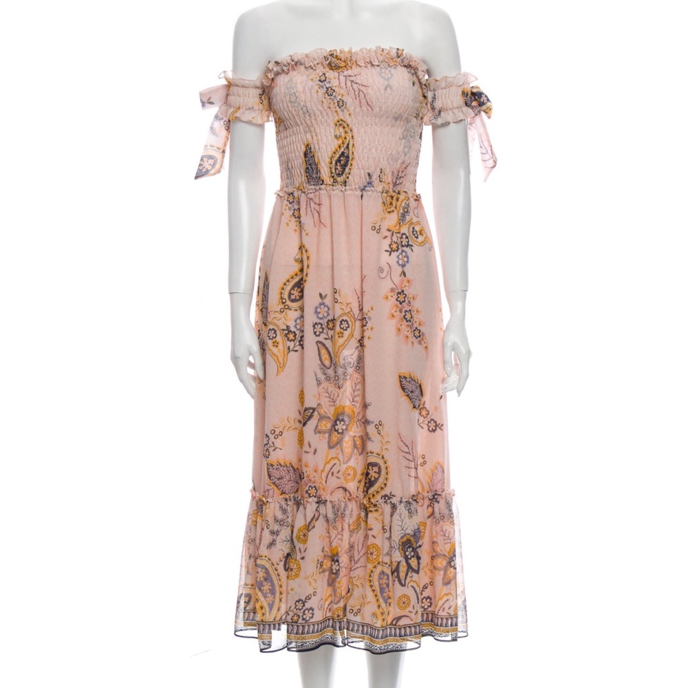 MISA Los Angeles Paisley Off the Shoulder Bow Midi Dress